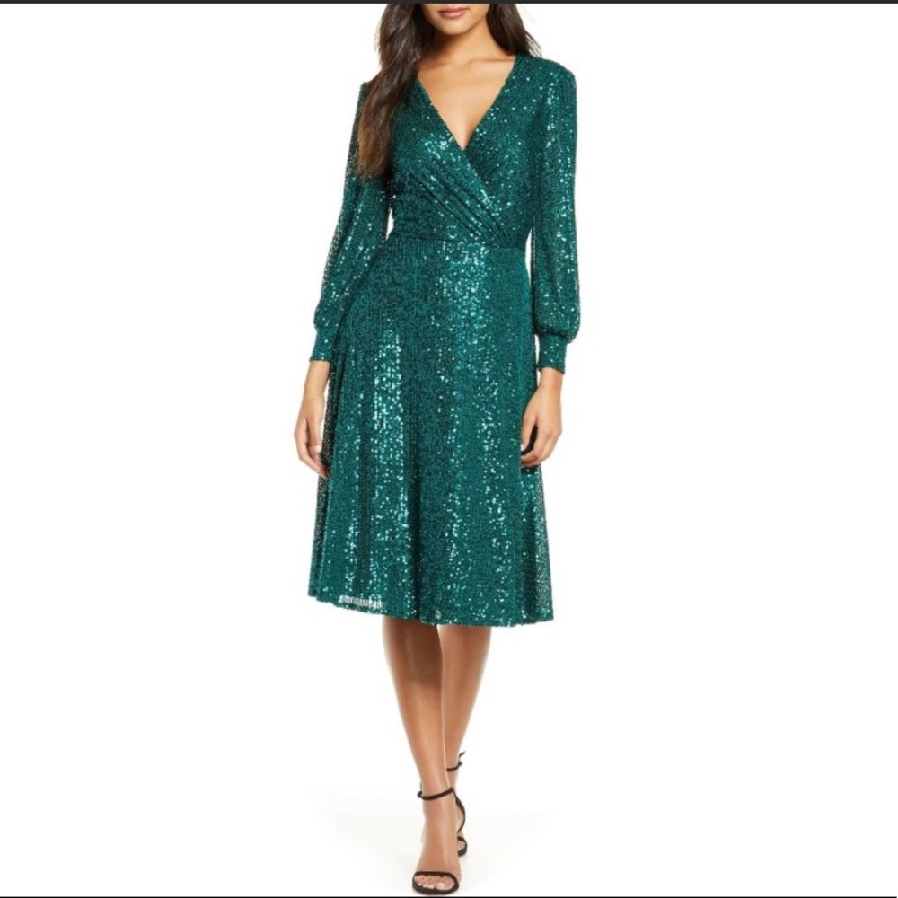 NEW Tahari Sz 14 Sequin Long Sleeve Knit Dress Green Knee Length Party Cocktail